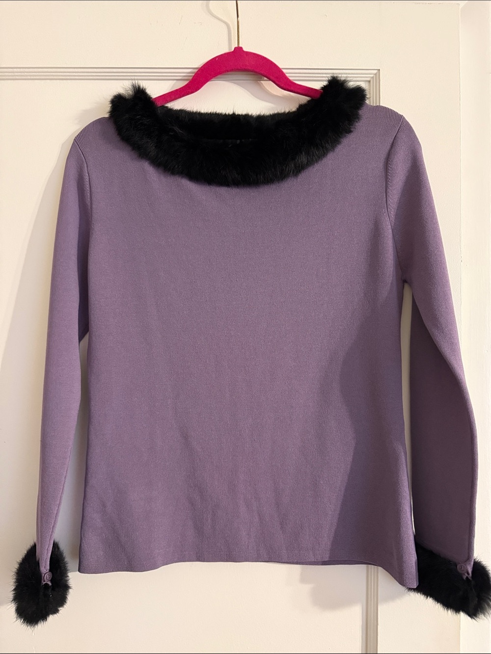 Vintage Joseph A. Lilac Fitted Sweater with Black Faux-Fur Trim